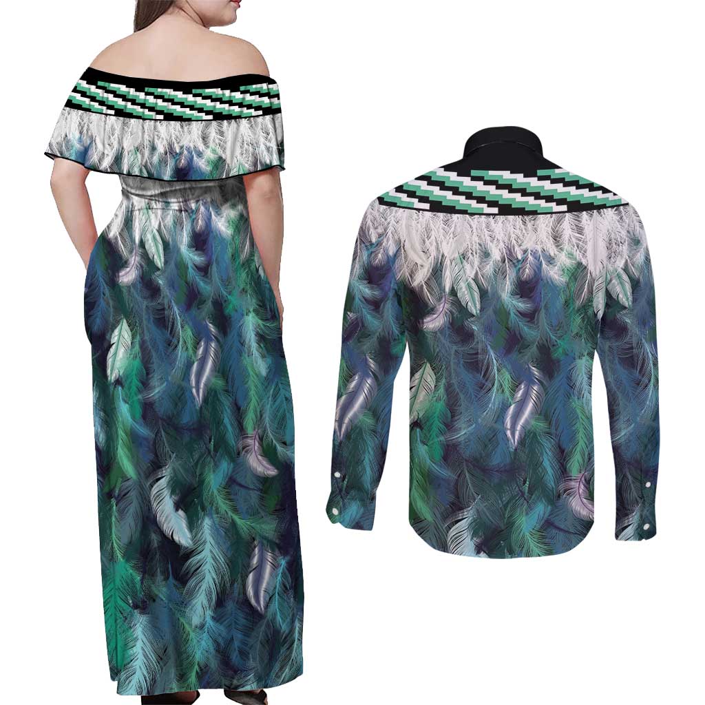 Aotearoa Korowai Motif Couples Matching Off Shoulder Maxi Dress and Long Sleeve Button Shirt Hei Manaia Poutama Maori Pattern LT14 - Polynesian Pride