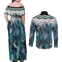 Aotearoa Korowai Motif Couples Matching Off Shoulder Maxi Dress and Long Sleeve Button Shirt Hei Manaia Poutama Maori Pattern LT14 - Polynesian Pride