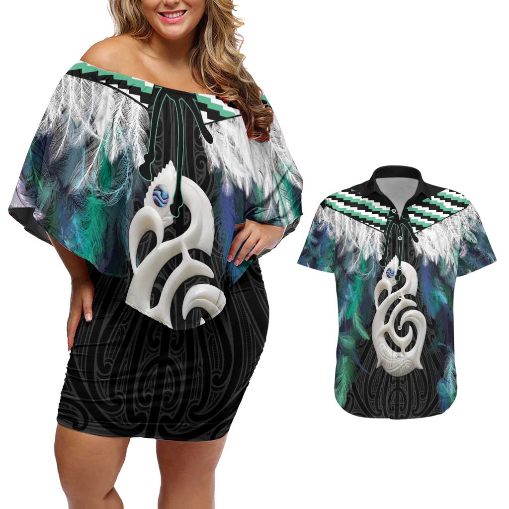 Aotearoa Korowai Motif Couples Matching Off Shoulder Short Dress and Hawaiian Shirt Hei Manaia Poutama Maori Pattern LT14 Turquoise - Polynesian Pride
