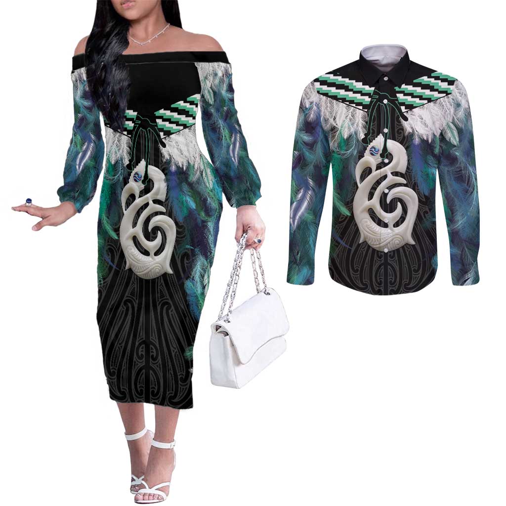 Aotearoa Korowai Motif Couples Matching Off The Shoulder Long Sleeve Dress and Long Sleeve Button Shirt Hei Manaia Poutama Maori Pattern LT14 Turquoise - Polynesian Pride