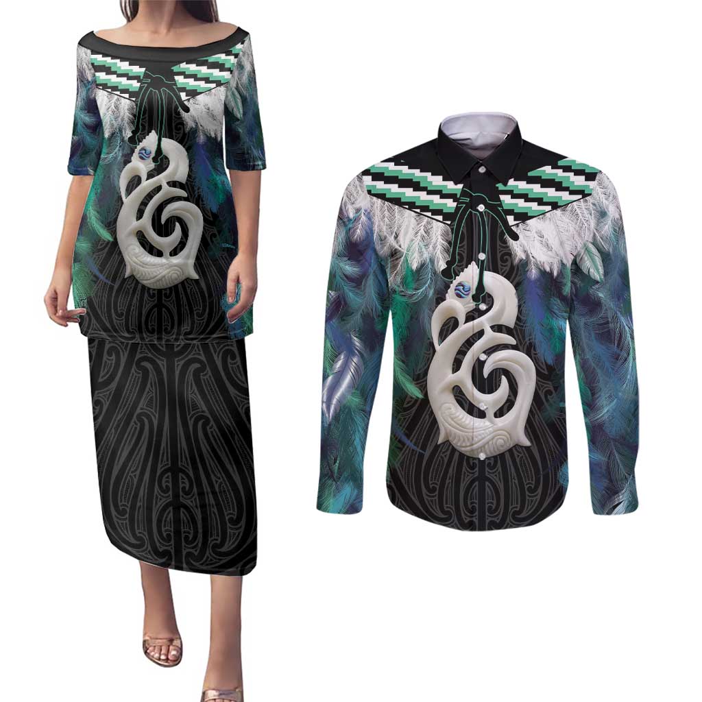 Aotearoa Korowai Motif Couples Matching Puletasi and Long Sleeve Button Shirt Hei Manaia Poutama Maori Pattern LT14 Turquoise - Polynesian Pride