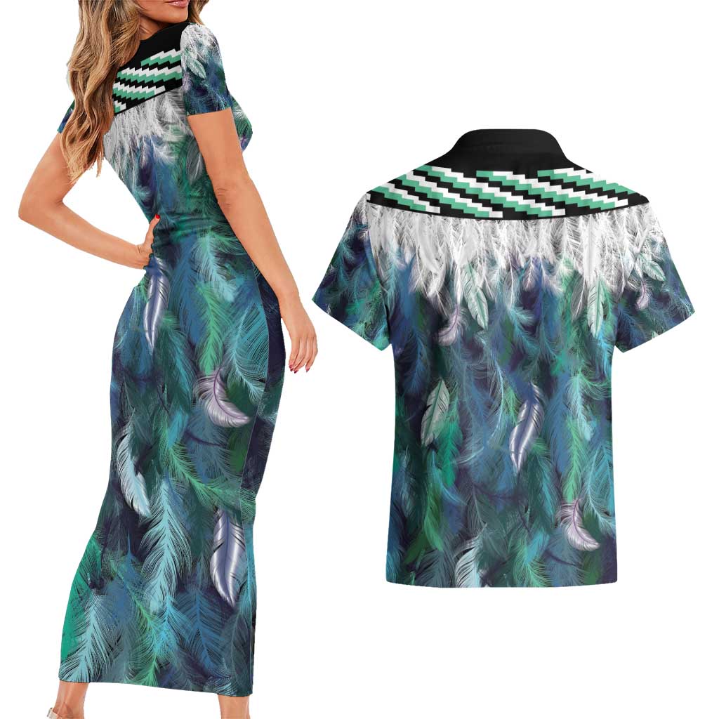 Aotearoa Korowai Motif Couples Matching Short Sleeve Bodycon Dress and Hawaiian Shirt Hei Manaia Poutama Maori Pattern LT14 - Polynesian Pride