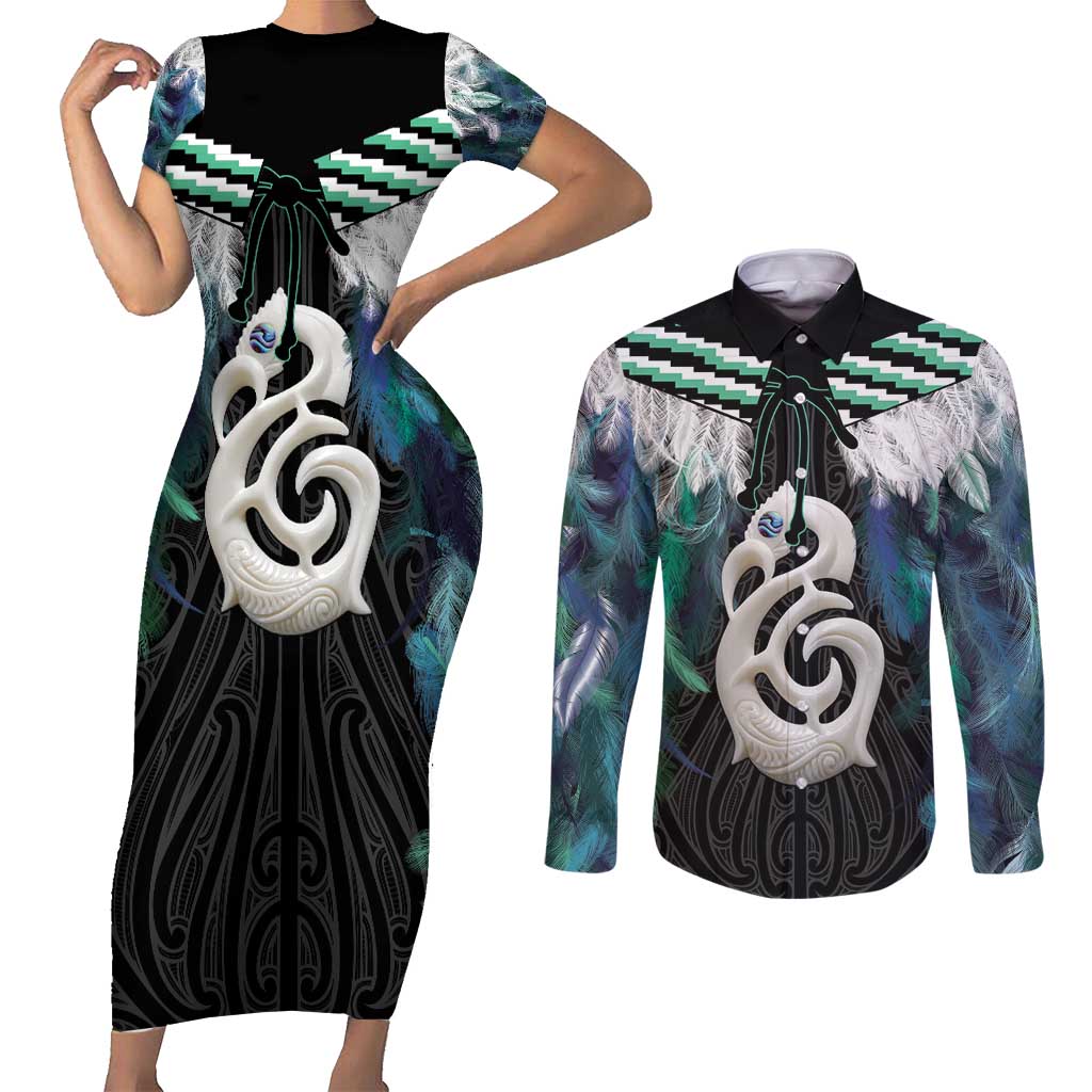 Aotearoa Korowai Motif Couples Matching Short Sleeve Bodycon Dress and Long Sleeve Button Shirt Hei Manaia Poutama Maori Pattern LT14 Turquoise - Polynesian Pride