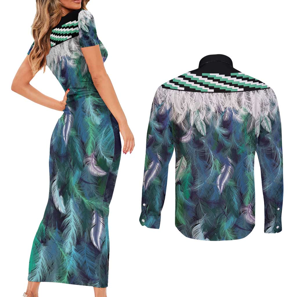 Aotearoa Korowai Motif Couples Matching Short Sleeve Bodycon Dress and Long Sleeve Button Shirt Hei Manaia Poutama Maori Pattern LT14 - Polynesian Pride