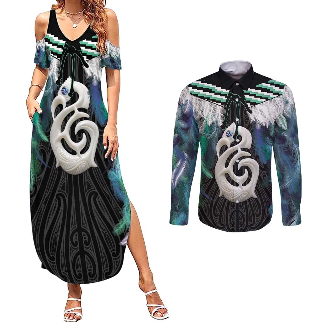 Aotearoa Korowai Motif Couples Matching Summer Maxi Dress and Long Sleeve Button Shirt Hei Manaia Poutama Maori Pattern LT14 Turquoise - Polynesian Pride