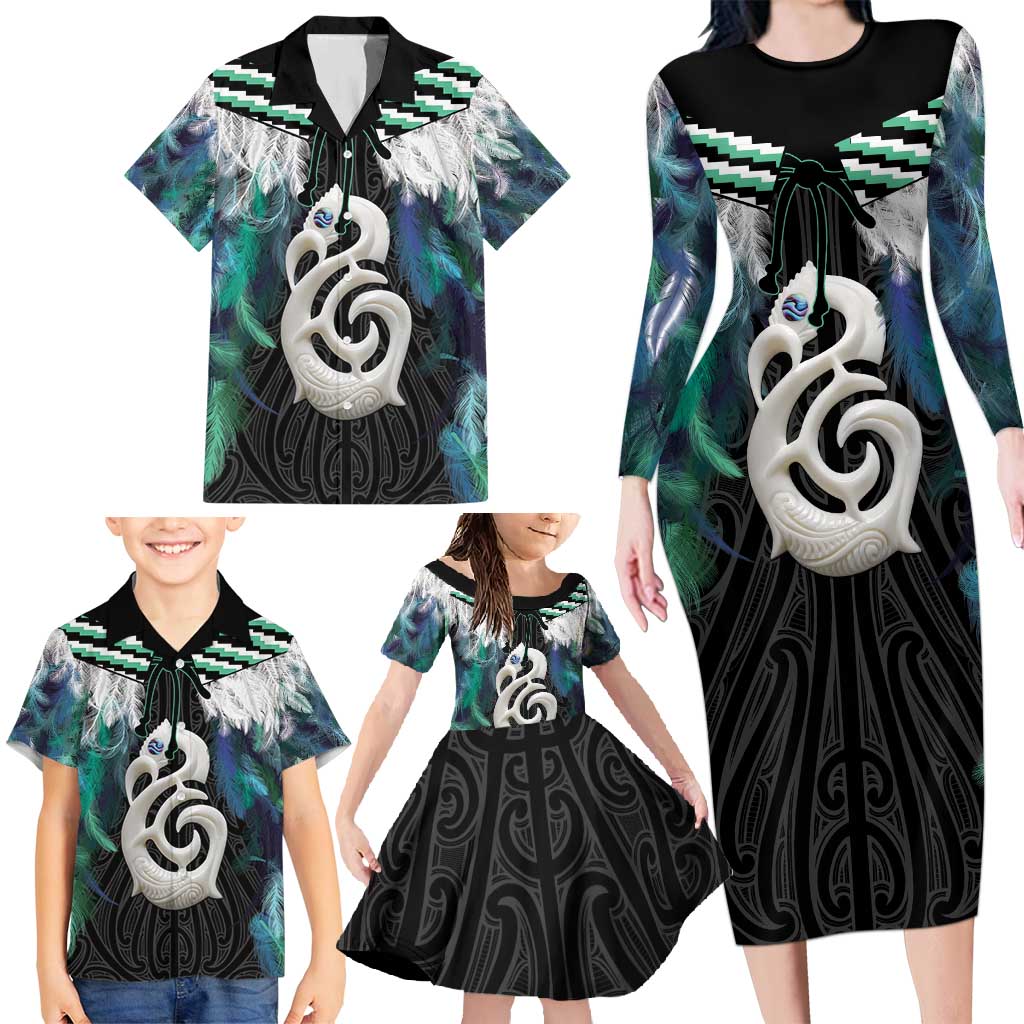 Aotearoa Korowai Motif Family Matching Long Sleeve Bodycon Dress and Hawaiian Shirt Hei Manaia Poutama Maori Pattern LT14 - Polynesian Pride