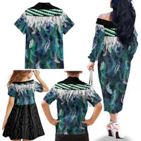 Aotearoa Korowai Motif Family Matching Off The Shoulder Long Sleeve Dress and Hawaiian Shirt Hei Manaia Poutama Maori Pattern LT14 - Polynesian Pride