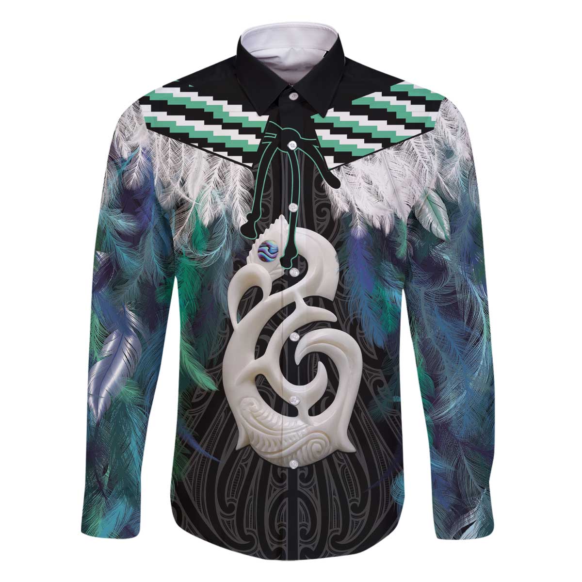 Aotearoa Korowai Motif Family Matching Off The Shoulder Long Sleeve Dress and Hawaiian Shirt Hei Manaia Poutama Maori Pattern LT14 Dad's Shirt - Long Sleeve Turquoise - Polynesian Pride