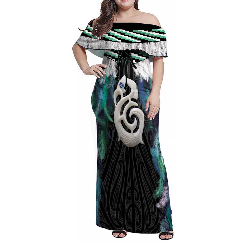 Aotearoa Korowai Motif Family Matching Off Shoulder Maxi Dress and Hawaiian Shirt Hei Manaia Poutama Maori Pattern LT14 Mom's Dress Turquoise - Polynesian Pride