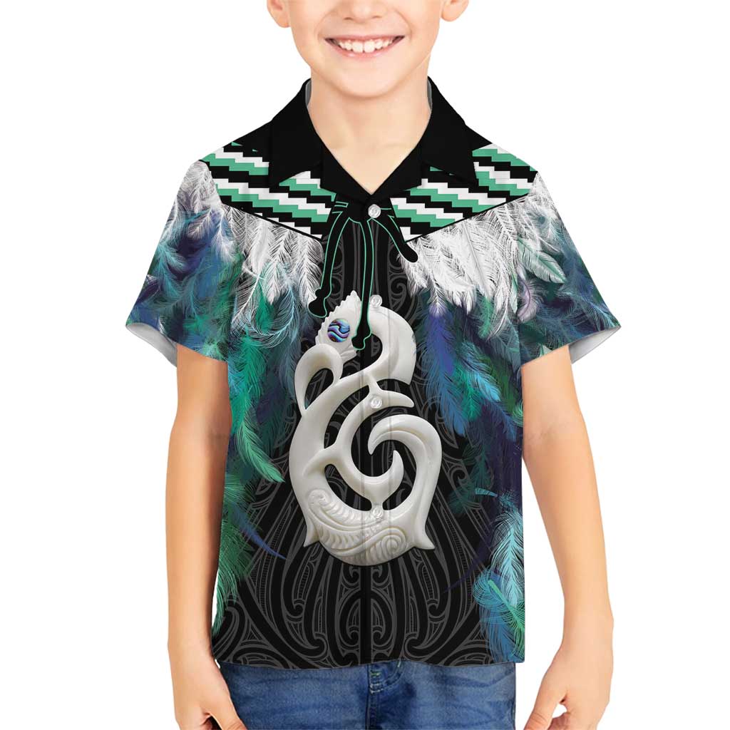 Aotearoa Korowai Motif Family Matching Off Shoulder Maxi Dress and Hawaiian Shirt Hei Manaia Poutama Maori Pattern LT14 Son's Shirt Turquoise - Polynesian Pride