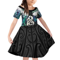 Aotearoa Korowai Motif Family Matching Off Shoulder Short Dress and Hawaiian Shirt Hei Manaia Poutama Maori Pattern LT14 Daughter's Dress Turquoise - Polynesian Pride