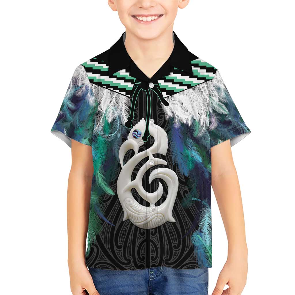 Aotearoa Korowai Motif Family Matching Short Sleeve Bodycon Dress and Hawaiian Shirt Hei Manaia Poutama Maori Pattern LT14 Son's Shirt Turquoise - Polynesian Pride