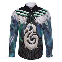 Aotearoa Korowai Motif Family Matching Tank Maxi Dress and Hawaiian Shirt Hei Manaia Poutama Maori Pattern LT14 Dad's Shirt - Long Sleeve Turquoise - Polynesian Pride