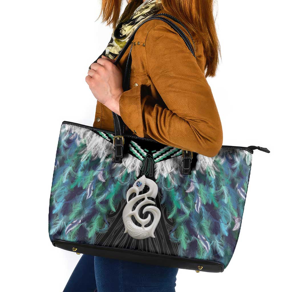 Aotearoa Korowai Motif Leather Tote Bag Hei Manaia Poutama Maori Pattern LT14 Turquoise - Polynesian Pride