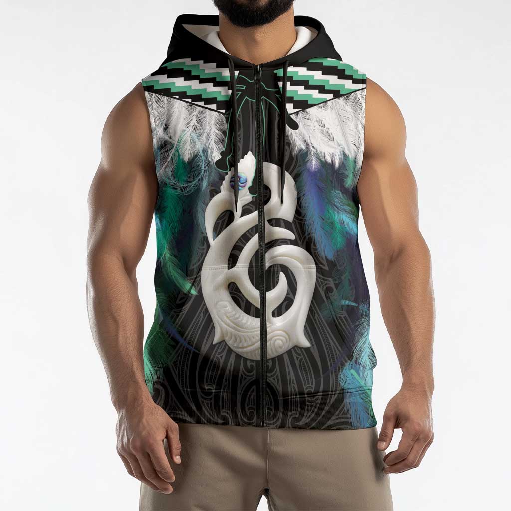 Aotearoa Korowai Motif Sleeveless Zip Hoodie Hei Manaia Poutama Maori Pattern LT14