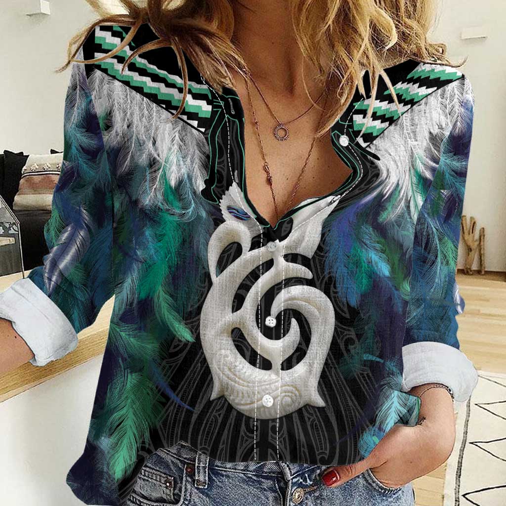 Aotearoa Korowai Motif Women Casual Shirt Hei Manaia Poutama Maori Pattern LT14 Female Turquoise - Polynesian Pride