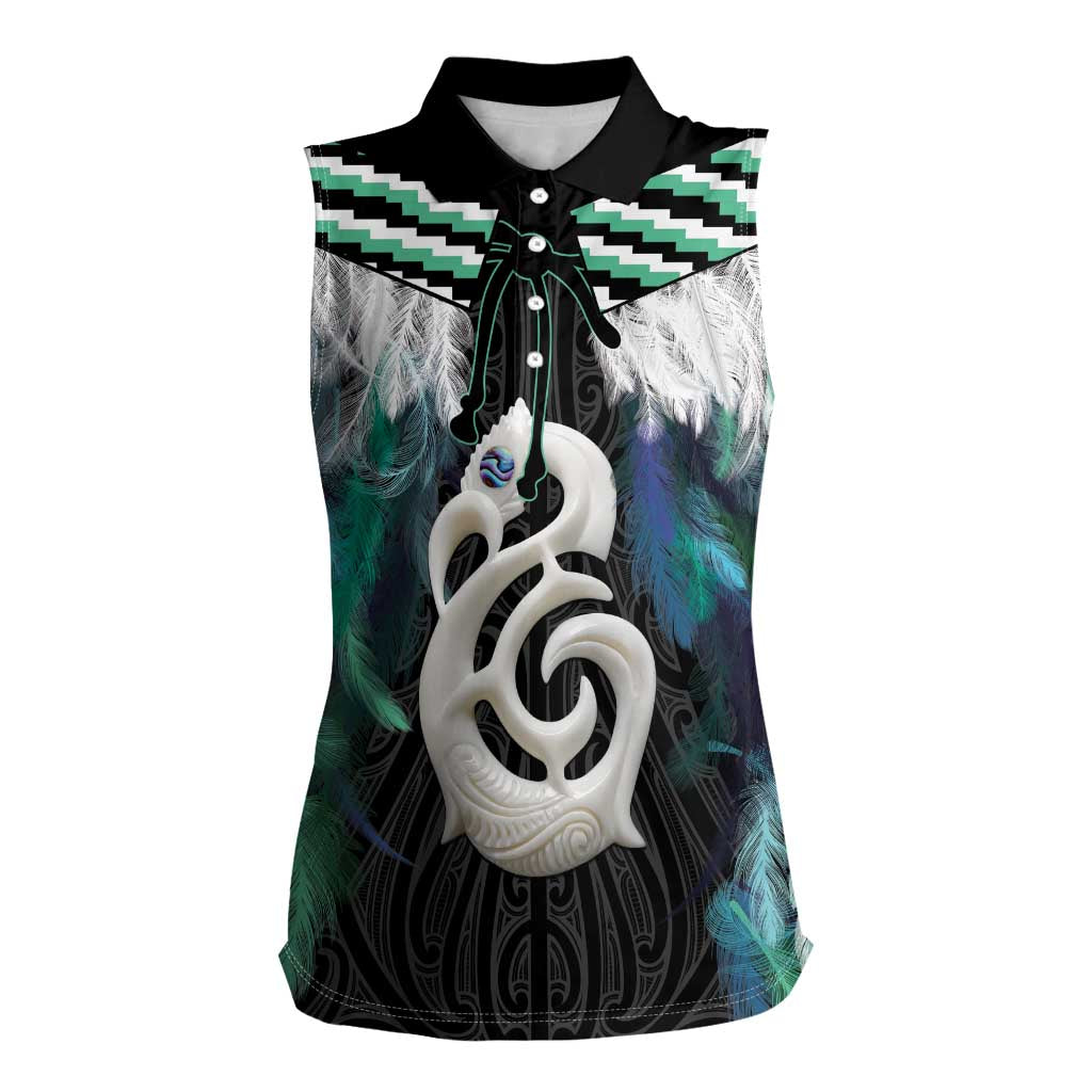 Aotearoa Korowai Motif Women Sleeveless Polo Shirt Hei Manaia Poutama Maori Pattern LT14 Female Turquoise - Polynesian Pride