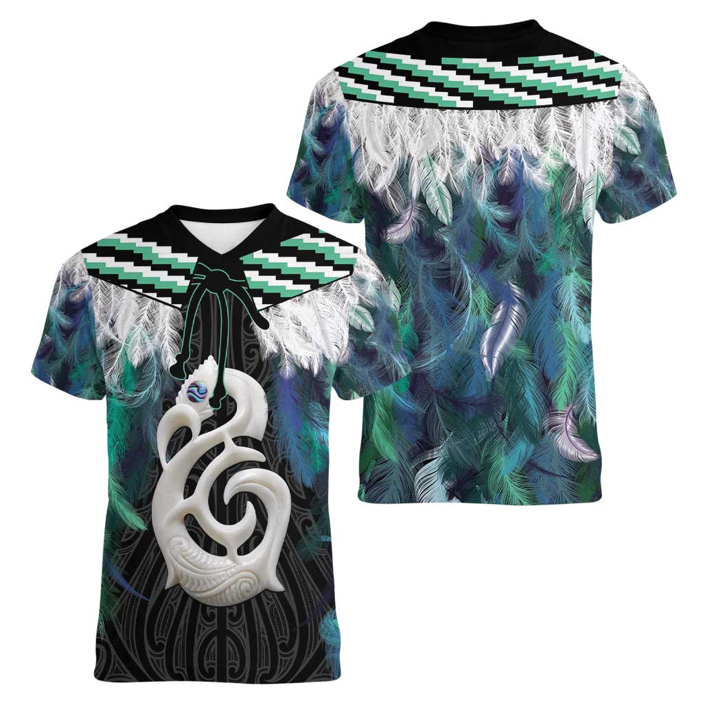 Aotearoa Korowai Motif Women V-Neck T-Shirt Hei Manaia Poutama Maori Pattern LT14 - Polynesian Pride
