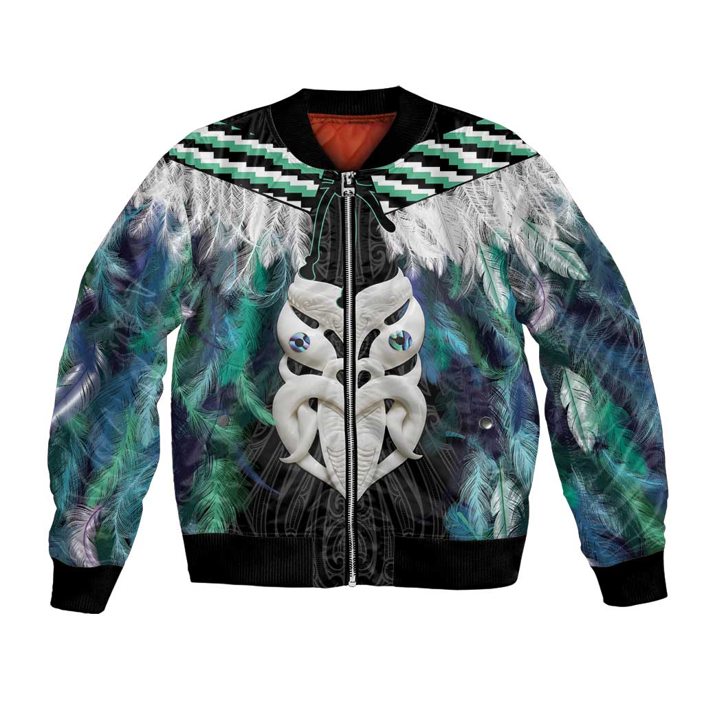 Aotearoa Korowai Motif Bomber Jacket Maori Wheku Poutama LT14 Unisex Turquoise - Polynesian Pride