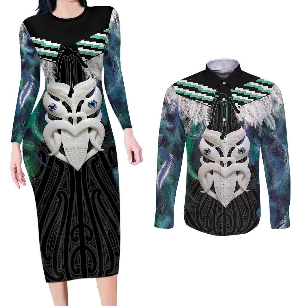 Aotearoa Korowai Motif Couples Matching Long Sleeve Bodycon Dress and Long Sleeve Button Shirt Maori Wheku Poutama LT14 Turquoise - Polynesian Pride