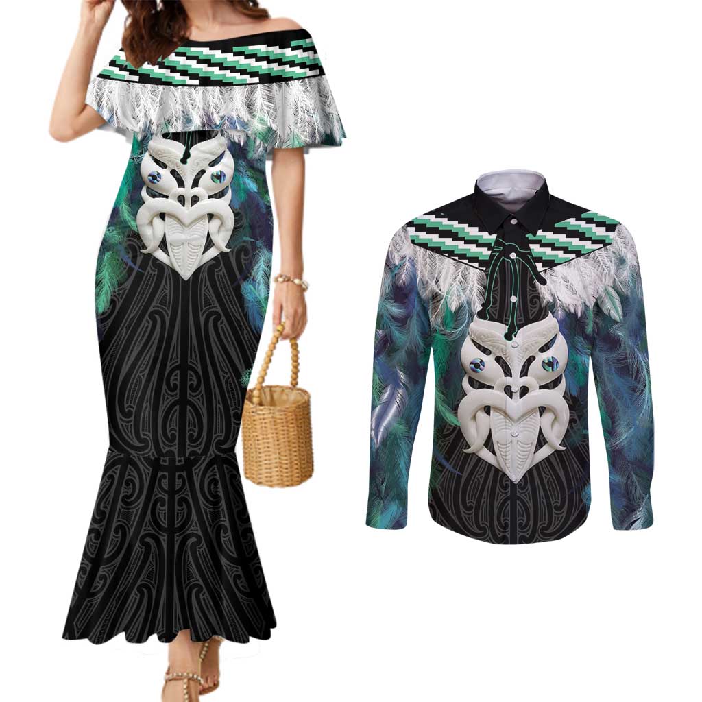 Aotearoa Korowai Motif Couples Matching Mermaid Dress and Long Sleeve Button Shirt Maori Wheku Poutama LT14 Turquoise - Polynesian Pride