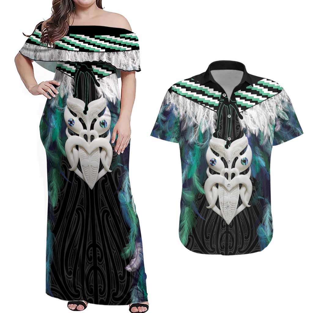 Aotearoa Korowai Motif Couples Matching Off Shoulder Maxi Dress and Hawaiian Shirt Maori Wheku Poutama LT14 Turquoise - Polynesian Pride