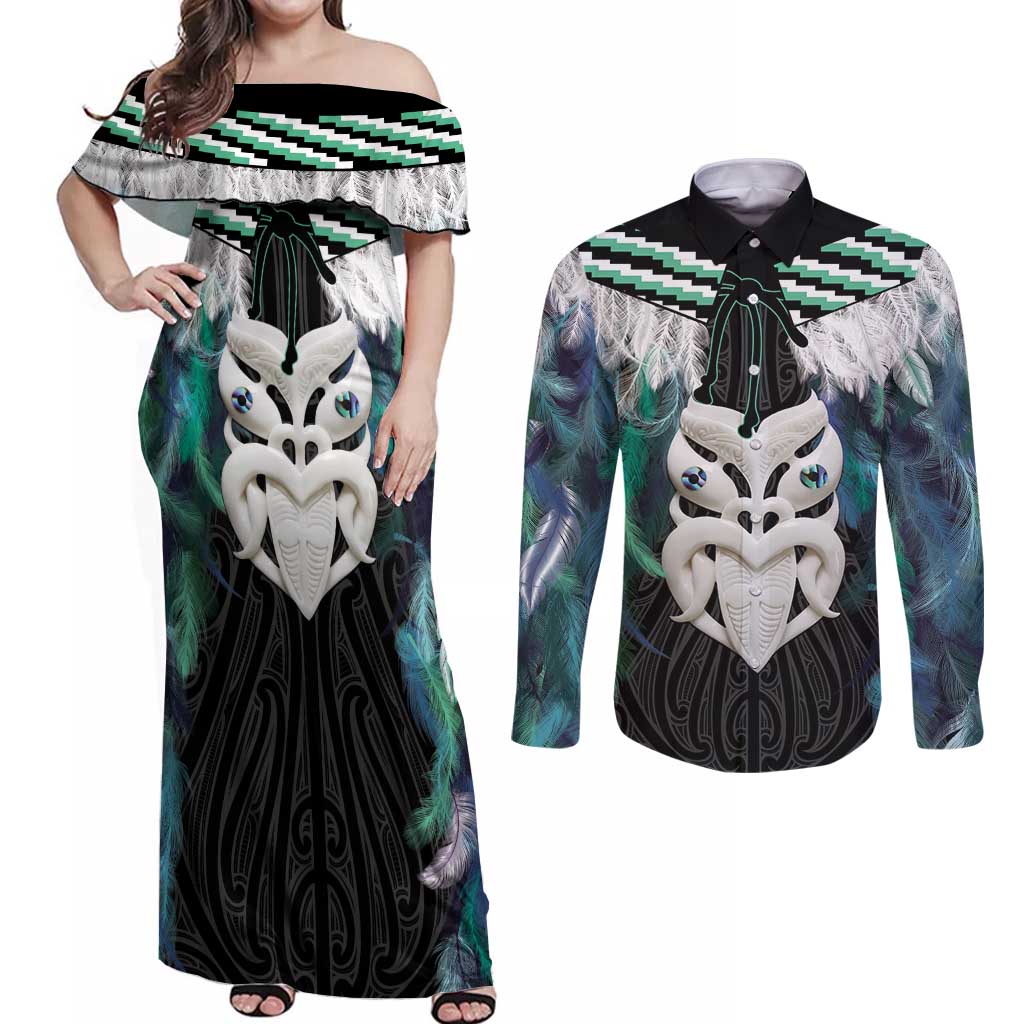 Aotearoa Korowai Motif Couples Matching Off Shoulder Maxi Dress and Long Sleeve Button Shirt Maori Wheku Poutama LT14 Turquoise - Polynesian Pride