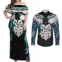 Aotearoa Korowai Motif Couples Matching Off Shoulder Maxi Dress and Long Sleeve Button Shirt Maori Wheku Poutama LT14 Turquoise - Polynesian Pride