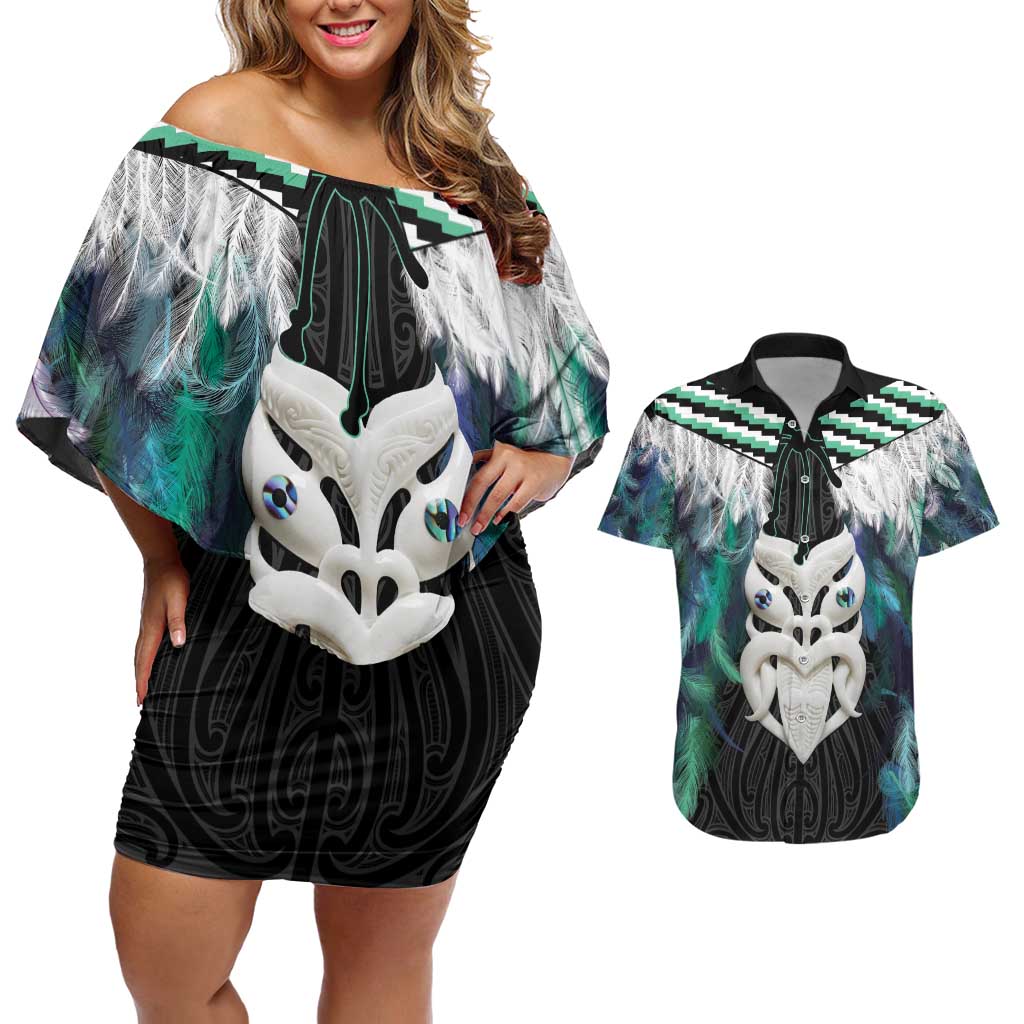Aotearoa Korowai Motif Couples Matching Off Shoulder Short Dress and Hawaiian Shirt Maori Wheku Poutama LT14 Turquoise - Polynesian Pride