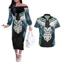 Aotearoa Korowai Motif Couples Matching Off The Shoulder Long Sleeve Dress and Hawaiian Shirt Maori Wheku Poutama LT14 Turquoise - Polynesian Pride
