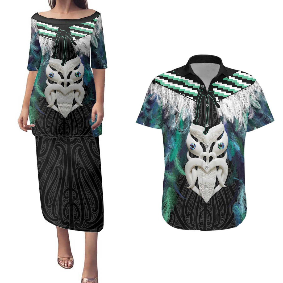 Aotearoa Korowai Motif Couples Matching Puletasi and Hawaiian Shirt Maori Wheku Poutama LT14 Turquoise - Polynesian Pride
