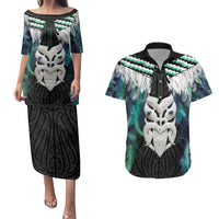 Aotearoa Korowai Motif Couples Matching Puletasi and Hawaiian Shirt Maori Wheku Poutama LT14 Turquoise - Polynesian Pride