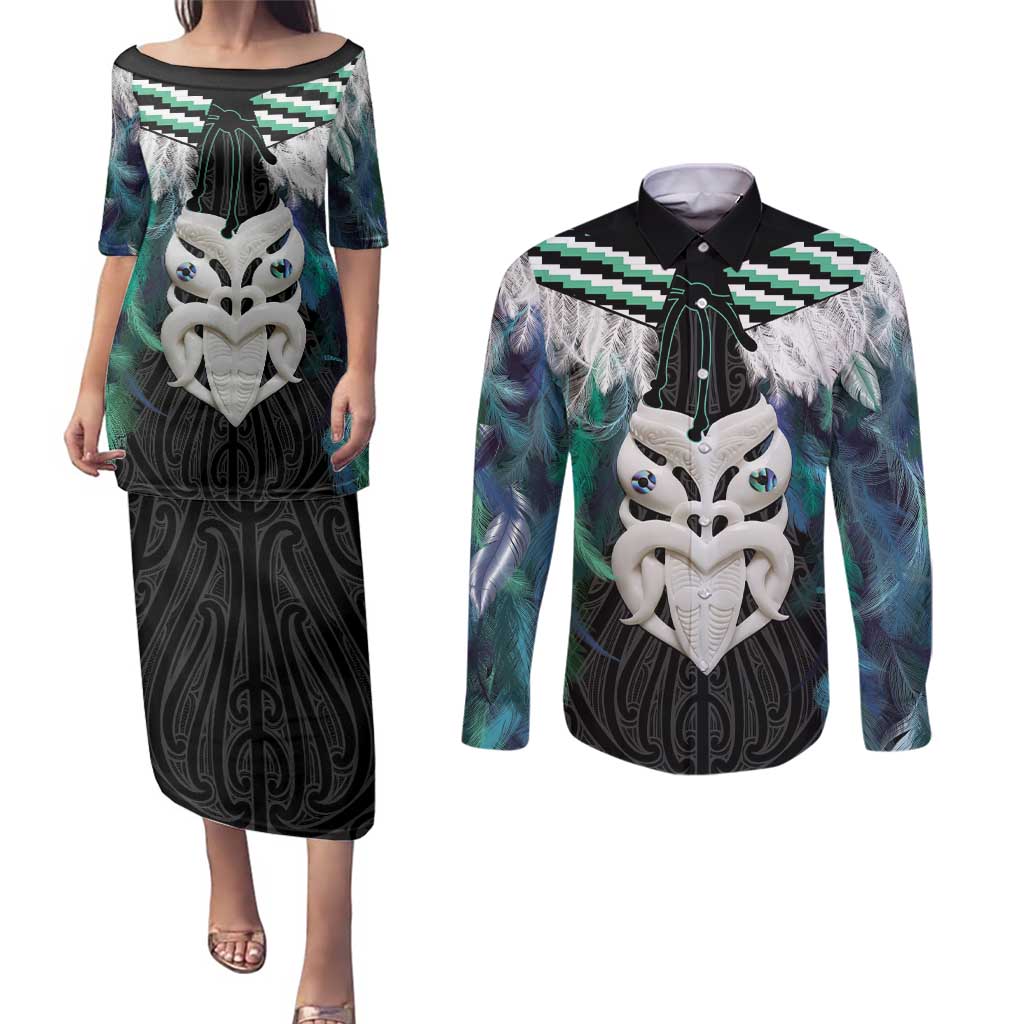 Aotearoa Korowai Motif Couples Matching Puletasi and Long Sleeve Button Shirt Maori Wheku Poutama LT14 Turquoise - Polynesian Pride