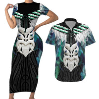 Aotearoa Korowai Motif Couples Matching Short Sleeve Bodycon Dress and Hawaiian Shirt Maori Wheku Poutama LT14 Turquoise - Polynesian Pride