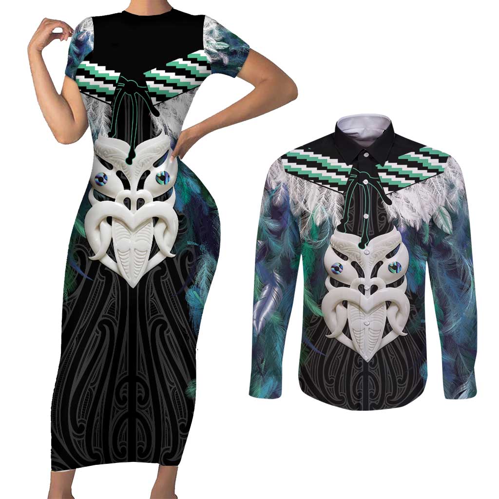 Aotearoa Korowai Motif Couples Matching Short Sleeve Bodycon Dress and Long Sleeve Button Shirt Maori Wheku Poutama LT14 Turquoise - Polynesian Pride