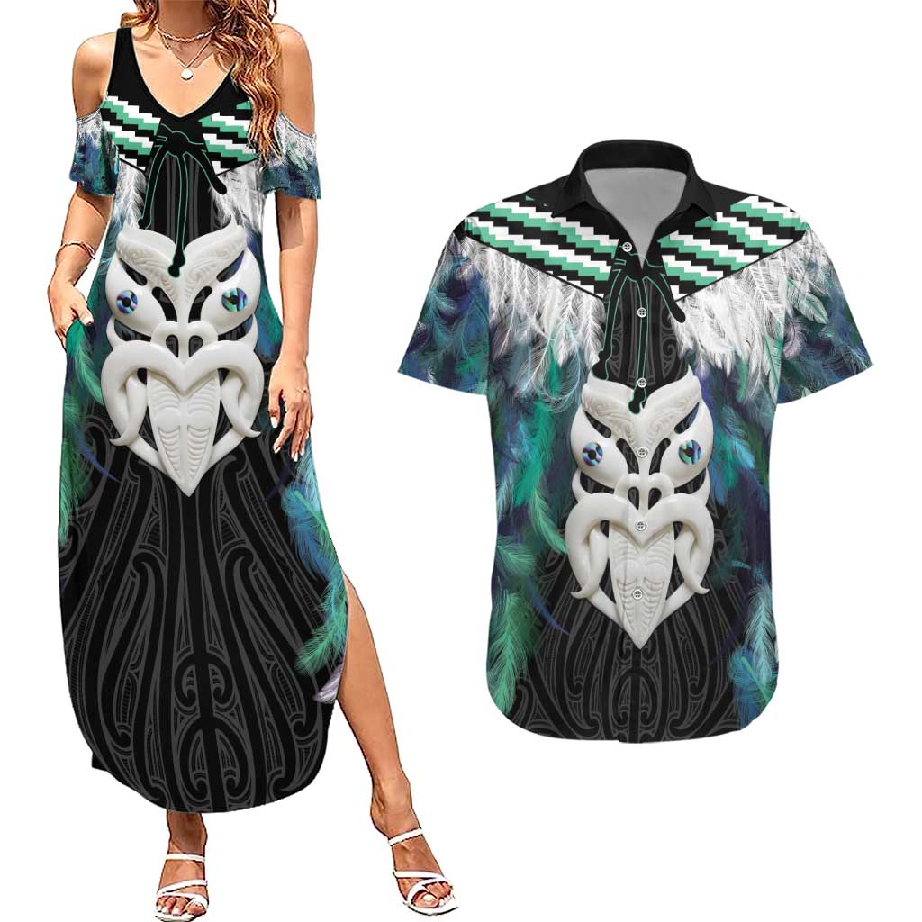 Aotearoa Korowai Motif Couples Matching Summer Maxi Dress and Hawaiian Shirt Maori Wheku Poutama LT14 Turquoise - Polynesian Pride