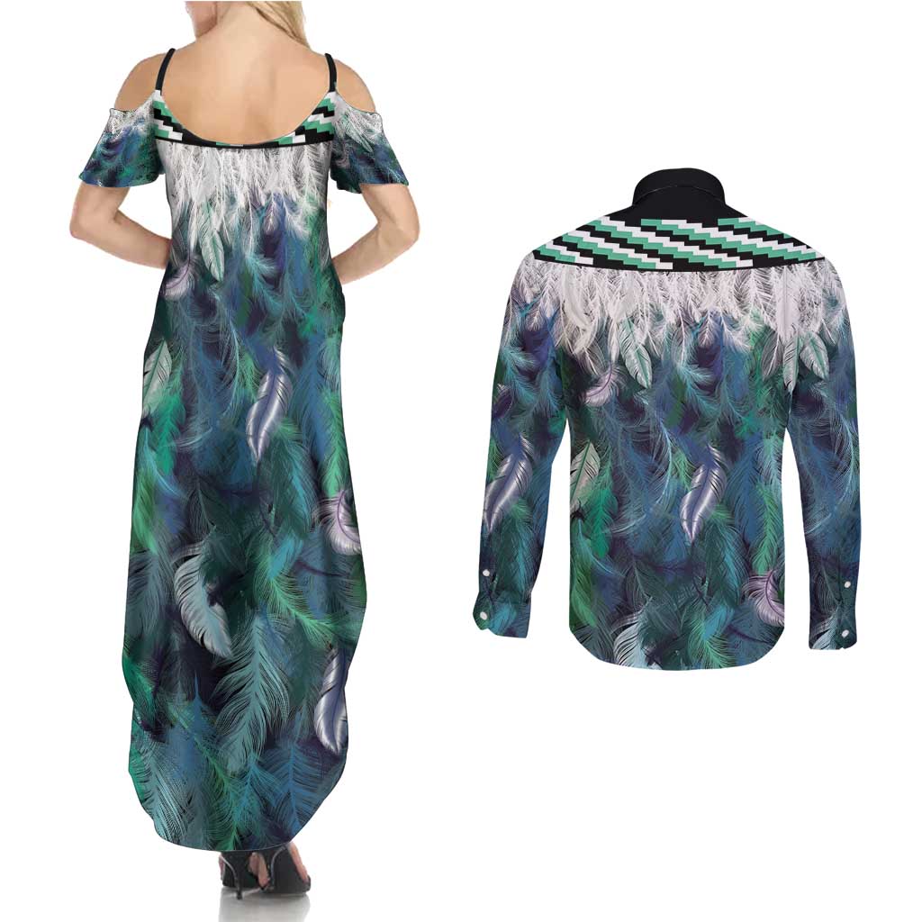 Aotearoa Korowai Motif Couples Matching Summer Maxi Dress and Long Sleeve Button Shirt Maori Wheku Poutama LT14 - Polynesian Pride