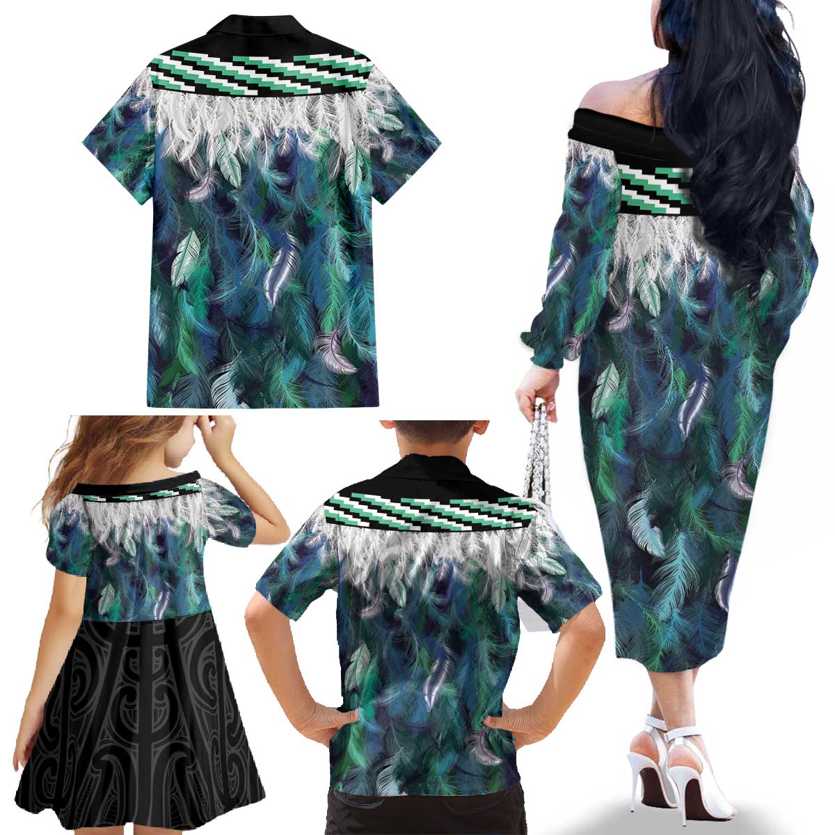 Aotearoa Korowai Motif Family Matching Off The Shoulder Long Sleeve Dress and Hawaiian Shirt Maori Wheku Poutama LT14 - Polynesian Pride