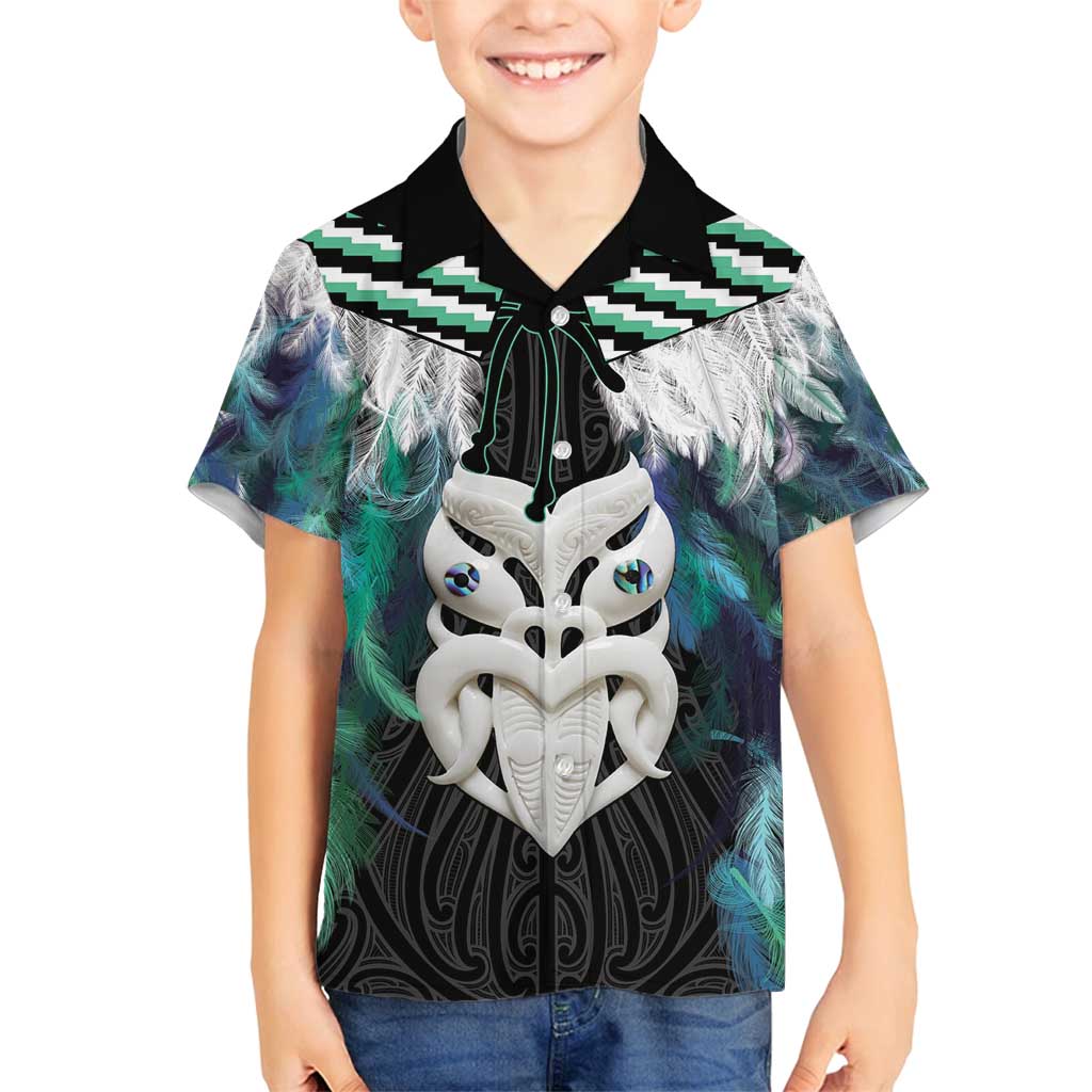 Aotearoa Korowai Motif Family Matching Off Shoulder Short Dress and Hawaiian Shirt Maori Wheku Poutama LT14 Son's Shirt Turquoise - Polynesian Pride