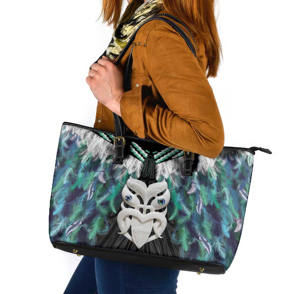 Aotearoa Korowai Motif Leather Tote Bag Maori Wheku Poutama LT14 Turquoise - Polynesian Pride