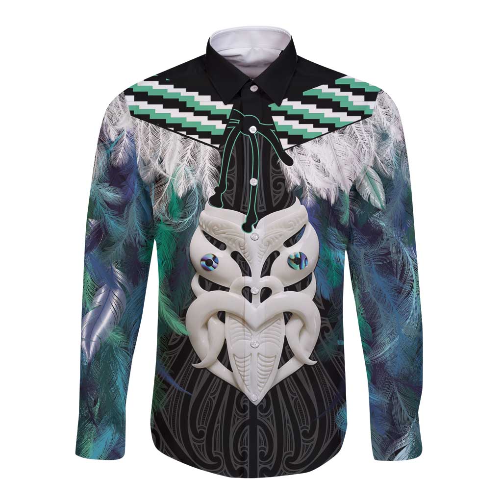 Aotearoa Korowai Motif Long Sleeve Button Shirt Maori Wheku Poutama LT14 Unisex Turquoise - Polynesian Pride