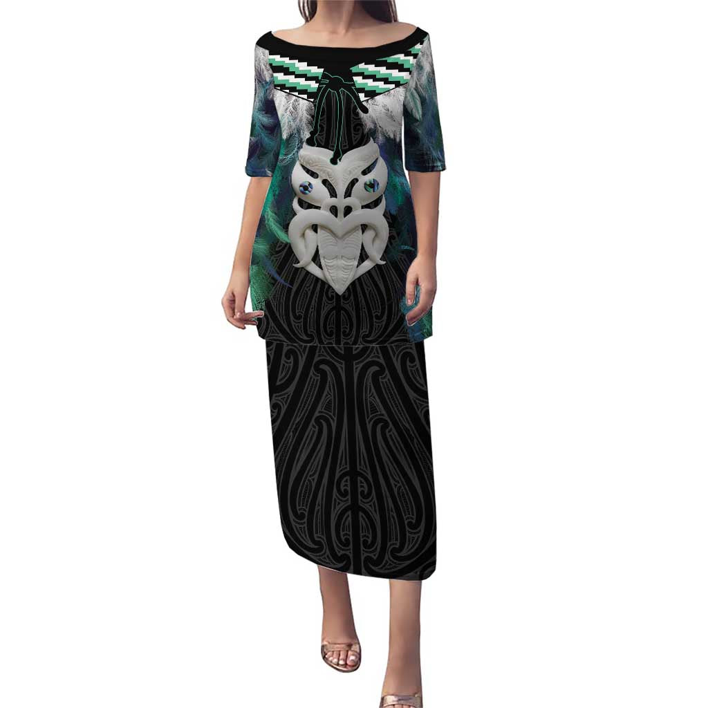 Aotearoa Korowai Motif Puletasi Maori Wheku Poutama LT14 Long Dress Turquoise - Polynesian Pride