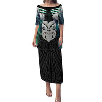 Aotearoa Korowai Motif Puletasi Maori Wheku Poutama LT14 Long Dress Turquoise - Polynesian Pride