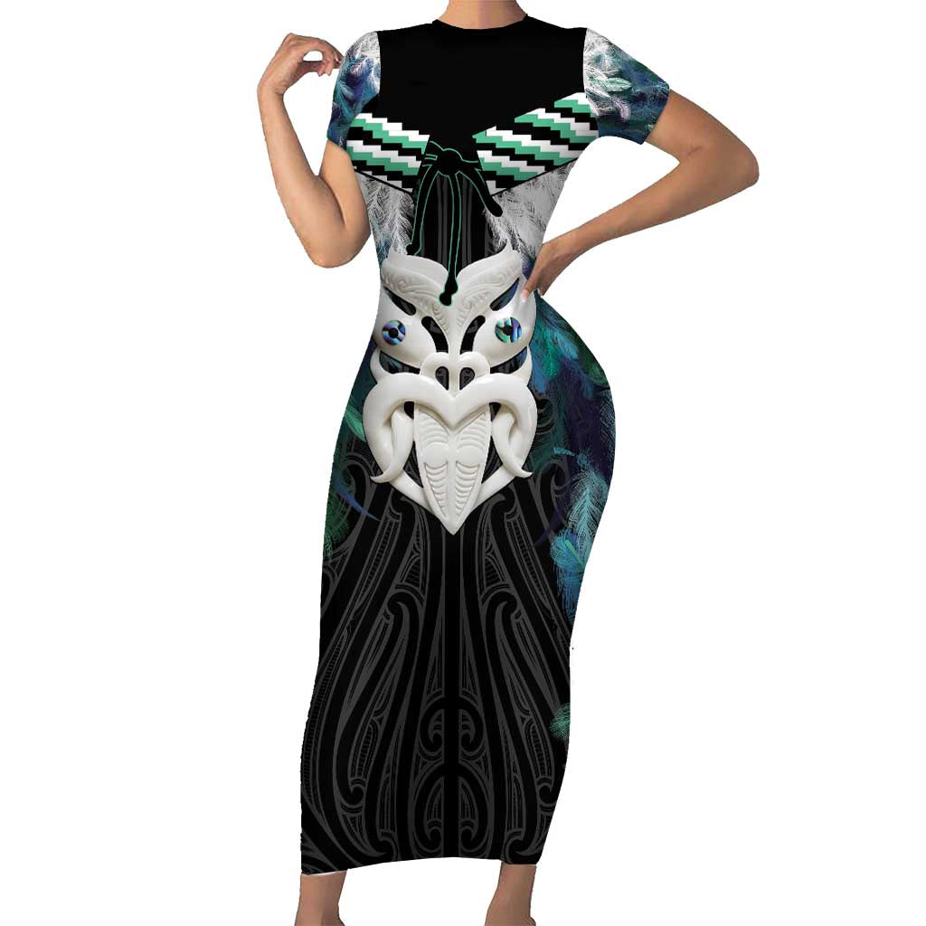 Aotearoa Korowai Motif Short Sleeve Bodycon Dress Maori Wheku Poutama LT14 Long Dress Turquoise - Polynesian Pride