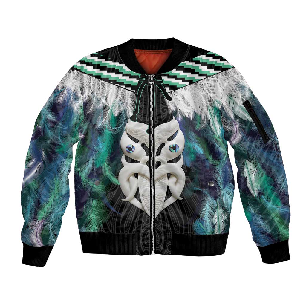 Aotearoa Korowai Motif Sleeve Zip Bomber Jacket Maori Wheku Poutama LT14 Unisex Turquoise - Polynesian Pride