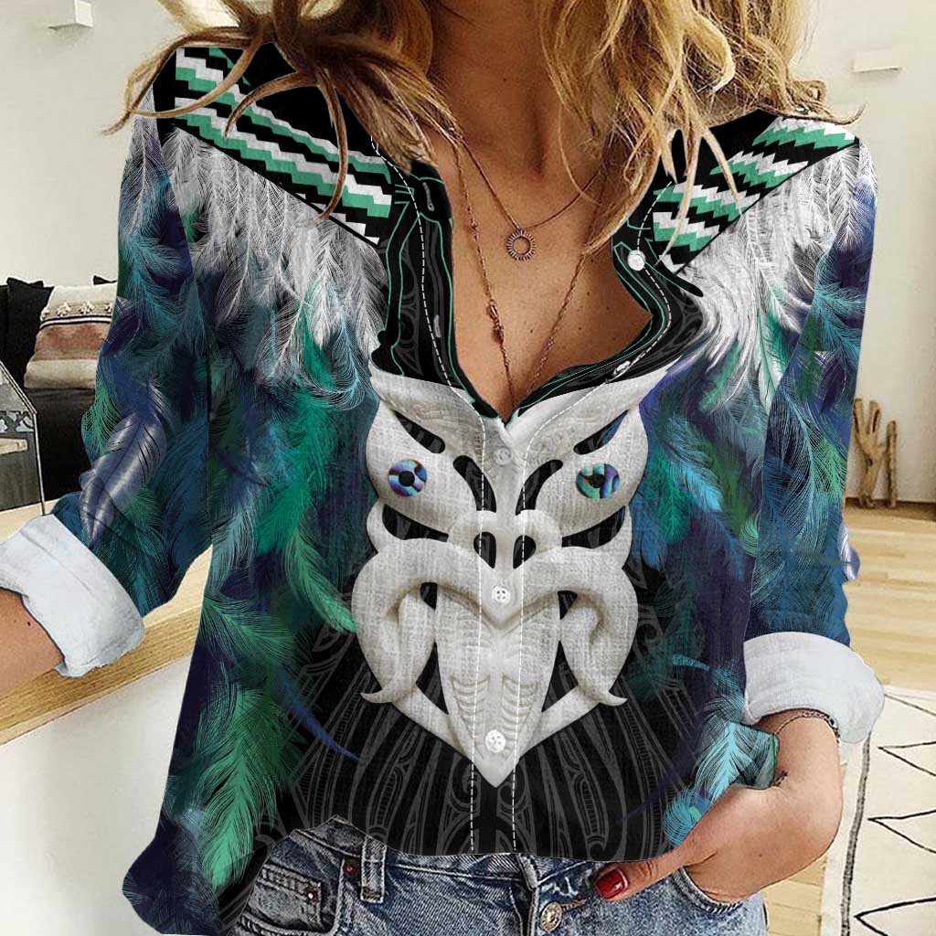 Aotearoa Korowai Motif Women Casual Shirt Maori Wheku Poutama LT14 Female Turquoise - Polynesian Pride