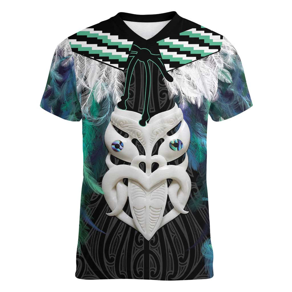Aotearoa Korowai Motif Women V-Neck T-Shirt Maori Wheku Poutama LT14 Female Turquoise - Polynesian Pride