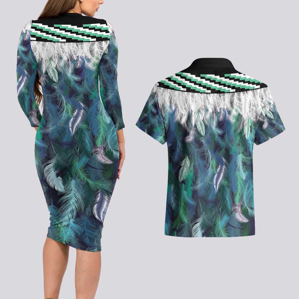 Aotearoa Korowai Motif Couples Matching Long Sleeve Bodycon Dress and Hawaiian Shirt Maori Tane Poutama LT14 - Polynesian Pride