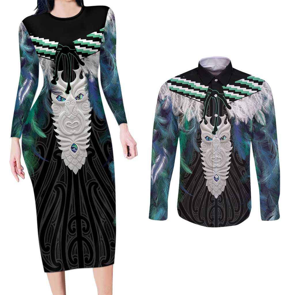Aotearoa Korowai Motif Couples Matching Long Sleeve Bodycon Dress and Long Sleeve Button Shirt Maori Tane Poutama LT14 Turquoise - Polynesian Pride