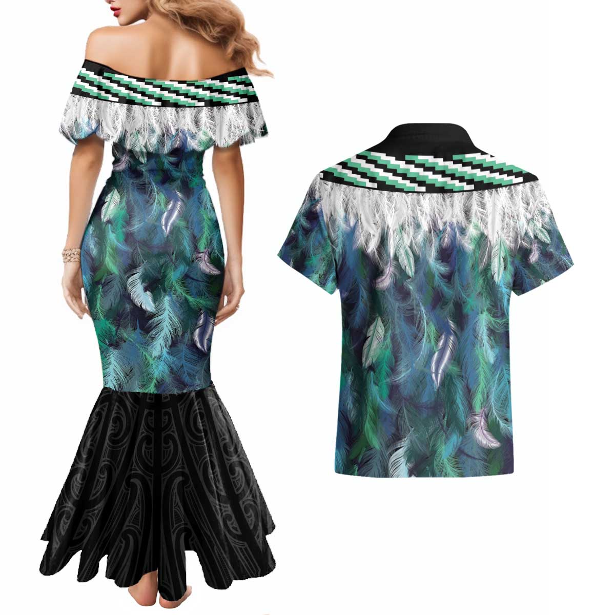 Aotearoa Korowai Motif Couples Matching Mermaid Dress and Hawaiian Shirt Maori Tane Poutama LT14 - Polynesian Pride